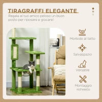 Albero per Gatti Multilivello con Amaca, Tiragraffi, Pallina e Foglie Decorative, 49x49x142 cm, Verde