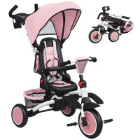 Triciclo per Bambini, 6 in 1 Passeggino per Bambini, con Maniglia da Spingere, Sedile Regolabile, Design Pieghevole, Rete di Sicurezza
