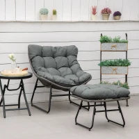 Poltrona da Relax in Rattan con Sgabello per Giardino, Poltrona in Rattan da Esterno con Cuscino, in Acciaio e Poliestere, 69 x 76 x 70 cm, Grigio