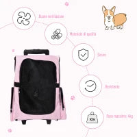 Trasportino Zaino 2 in 1 per Cani e Gatti con Tasche Laterali, Maniglia Telescopica e Ruote, 42x25x55cm, Rosa