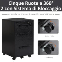 Cassettiera Portadocumenti da Ufficio Schedario con 3 Cassetti e Serratura, in Legno, Nero, 39.2 x 40 x 65.4cm