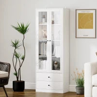 Credenza Cucina con Armadietto e 2 Cassetti, Ante in Vetro e Ripiani Regolabili, 59x30x164 cm, Bianco