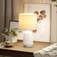 Lampada da Tavolo con Base in Ceramica e Paralume in Lino Stile Retrò 40W Bianco e Beige