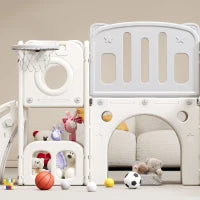 Scivolo Multifunzione 6-in-1 per Bambini con Rampa, Doppia Piattaforma, Armadietti, Canestro e Scala, in Polietilene ad Alta Densità, 174x150x95 cm - Scivolo da Giardino per Bambini, Grigio+Bianco