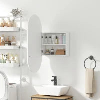 Specchio Bagno Ovale Moderno con Armadietto e Due Ripiani, 45x90 cm, Bianco