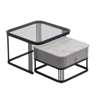 Set di 2 Tavolini da Salotto Impilabili con Piano in Marmo Lucido e Vetro, Struttura in Metallo e Cassetti, 60x60x42 cm + 50x50x34 cm, Nero