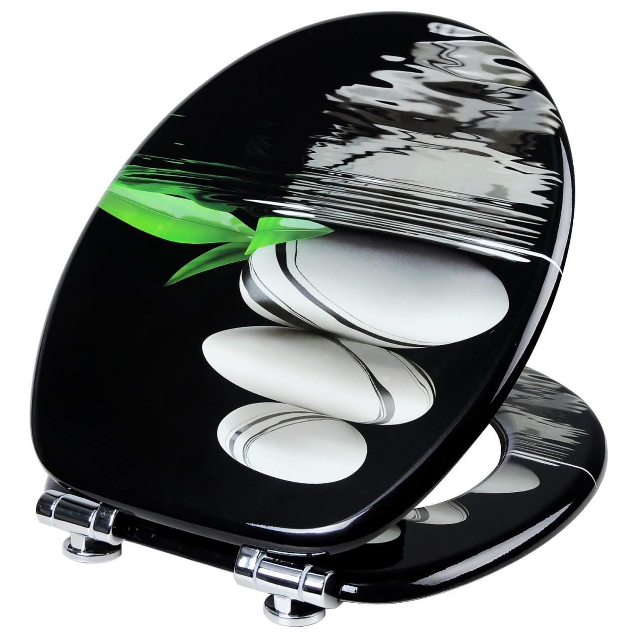 Copriwater in MDF con chiusura rallentata decoro ciottoli grigio nero 19_0000745