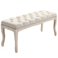 Panca Fondoletto Vintage con Seduta Imbottita in Tessuto e Gambe in Legno, 110x40x48cm, Beige