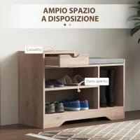Panca Scarpiera Moderna con 3 Ripiani Aperti e Cassetti, in Legno, Poliestere e Spugna, 76.5x30x52 cm, Grigio