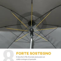 Ombrellone da Spiaggia 1.8x2  m, in Poliestere e Acciaio a 8 Stecche con Reclinazione a 45°, Grigio