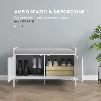 Panca Scarpiera a 2 Armadietti con Cuscino, in Tessuto Effetto Lino, Legno e Acciaio, 84x35x50 cm, Bianco