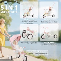 Triciclo per Bambini 5 in 1 con Maniglione di Spinta e Copertura Rimovibile, 96.5x49x101 cm, Rosa