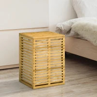 Cesto Portabiancheria in Bambù con Coperchio e Sacca in Poliestere Removibile e Lavabile, 44x37x62.5 cm, color Legno