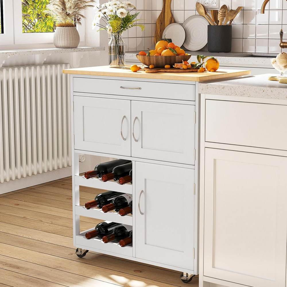 Mobiletto da cucina Febe con ruote in legno bianco e top in rovere