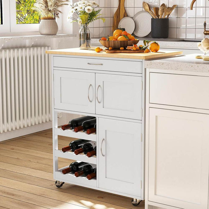 Mobiletto da cucina Febe con ruote in legno bianco e top in rovere