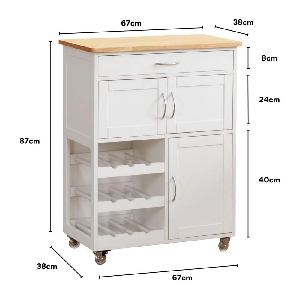 Mobiletto da cucina Febe con ruote in legno bianco e top in rovere