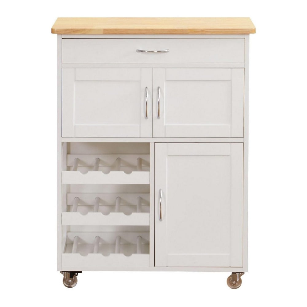 Mobiletto da cucina Febe con ruote in legno bianco e top in rovere