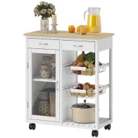 Carrello da Cucina in Bambù con 2 Cassetti, Armadietto, Ripiano e 2 Cestini in Acciaio, 67x35x80 cm, Bianco