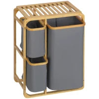 Cesto Portabiancheria con 3 Scomparti in Tessuto e Bambù, 50x32x69.7cm