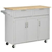 Carrello da Cucina Multiuso in Legno con 2 Cassetti, 3 Antine e 4 Ruote 121x46x91cm, Grigio