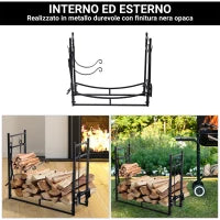 Portalegna da Interno ed Esterno in Metallo con Paletta, Scopa, Attizzatoio e Pinza, Nero, 84x33x76cm