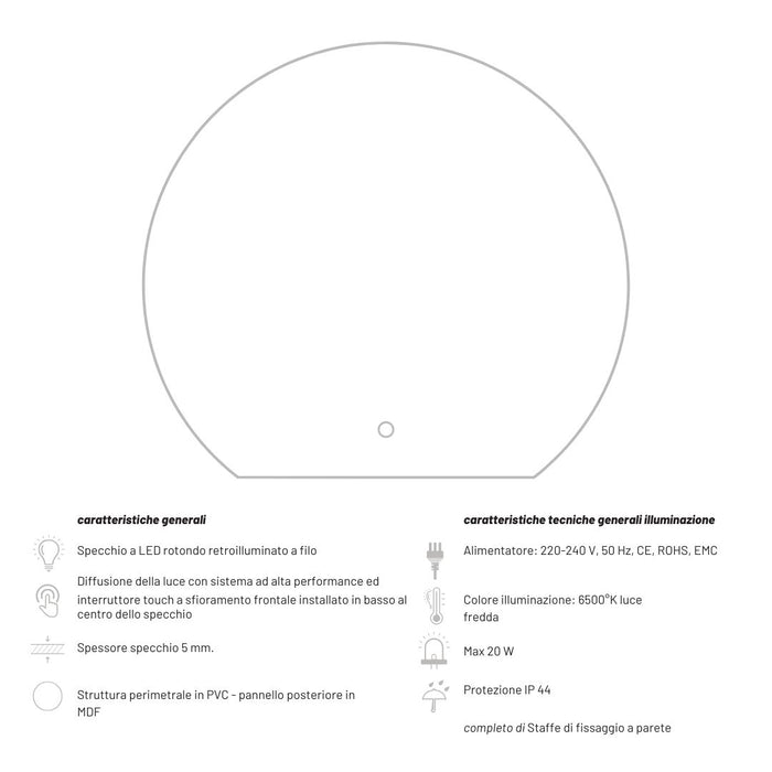 Specchio 5 mm tondo retroilluminato a filo led interruttore touch *** misure 80x70 cm, tonalità dimmerabile 2700-450...