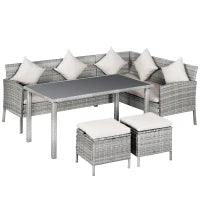 Set da Giardino a 5 Pezzi in Rattan e Acciaio Grigio con 2 Divani, Tavolino e 2 Sgabelli