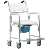 Sedia Comoda con Ruote per Anziani 3 in 1, Sedia per WC in Alluminio con Secchio Rimovibile, Bianco