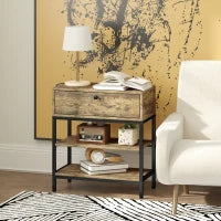 Tavolino da Divano con Cassetto e 2 Ripiani Stile Industriale, in Legno e Metallo, 60x30x66.5 cm, Nero e Marrone