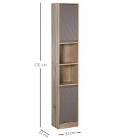 Mobiletto Salvaspazio per Bagno in Legno, Mobile da Bagno con 2 Armadietti e Ripiani Regolabili, Design a Colonna, 30x24x170 cm, Grigio e Rovere