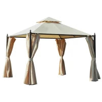 Gazebo da Giardino 3 x 3m con 4 Tende Laterali e Doppio Tetto Beige