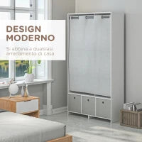Armadio Guardaroba con Barra Appendiabiti, 3 Cassetti in Tessuto e 3 Ripiani, 105x48x160 cm, Bianco e Grigio