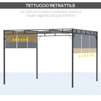 Gazebo a Pergola 3x3m in Acciaio con Tettuccio Scorrevole e 8 Picchetti Inclusi