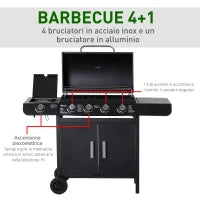 Barbecue a Gas a 5 Fornelli con Ripiani Laterali e Armadietto, in Acciaio e PP, 125x51x100 cm, Nero