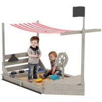 Sabbiera a Forma di Barca con Tettuccio e Set Cucina per Bambini, in Legno Massello, 180 x 103 x 144,5 cm, Grigio