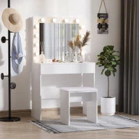 Set Tavolo da Trucco Toeletta con Specchio, 12 Luci LED, Sgabello Imbottito e Ampio Cassetto in Legno, 80x40x140 cm, Bianco