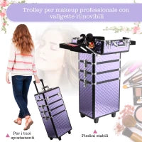 Valigia Porta Trucchi Professionale, Trolley Makeup da Viaggio in Alluminio, 2 Ruote, Viola 33.5x23x76/95.5cm