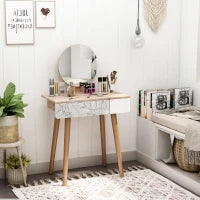 Toeletta Tavolo da Trucco con Specchio Circolare Ф39cm, Consolle Trucco con Cassetto con Decorazione Jungle, Bianco e Rovere, 70x39x119-128cm