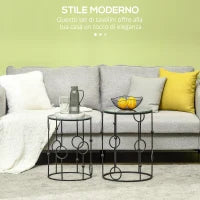 Set di 2 Tavolini da Caffè Impilabili in Metallo e Vetro Temperato Ø41x57cm e Ø36x51cm, Nero