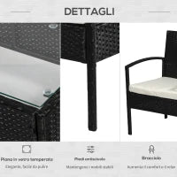 Set da Giardino 4 Pezzi in Rattan PE con Tavolino da Giardino, 2 Poltroncine e Divano 2 posti, Nero e Crema