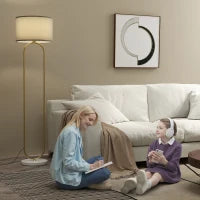 Lampada da Terra Moderna con Paralume in Tessuto, Doppio Tubo Metallico e Interruttore a Pedale, Oro