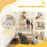 Cancelletto per Cani con Porta Piccola, Montaggio a Pressione e Chiusura Automatica, 74-80x91.4cm, Bianco