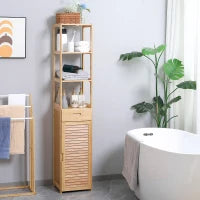 kleankin Mobile Bagno Alto in Bambù con 3 Ripiani Aperti, un Cassetto e un Armadietto, 32x30x163 cm, color Legno