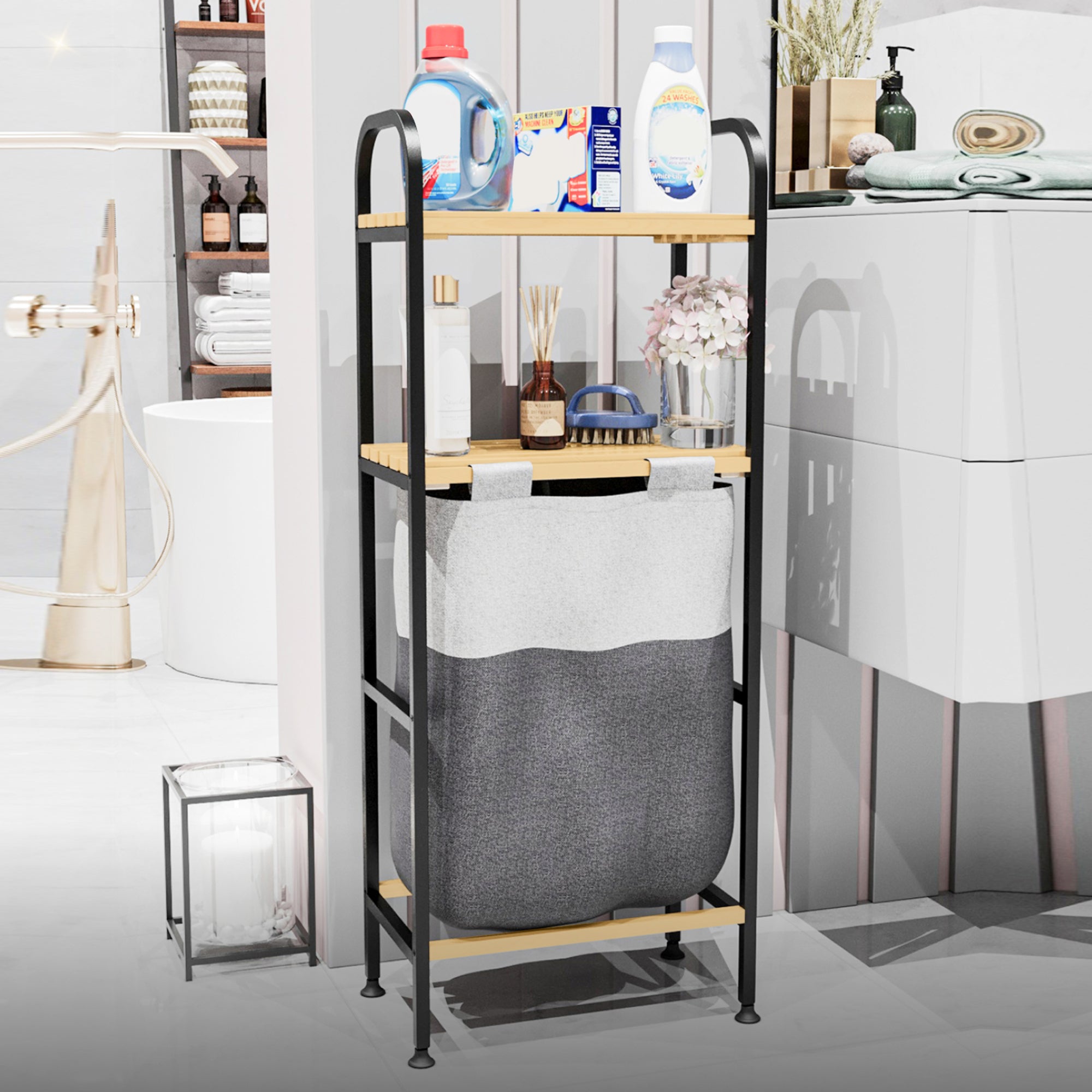 Mobile Portabiancheria Pello a 2 Ripiani in Legno e Sacco Rimovibile per Bucato [en.casa]
