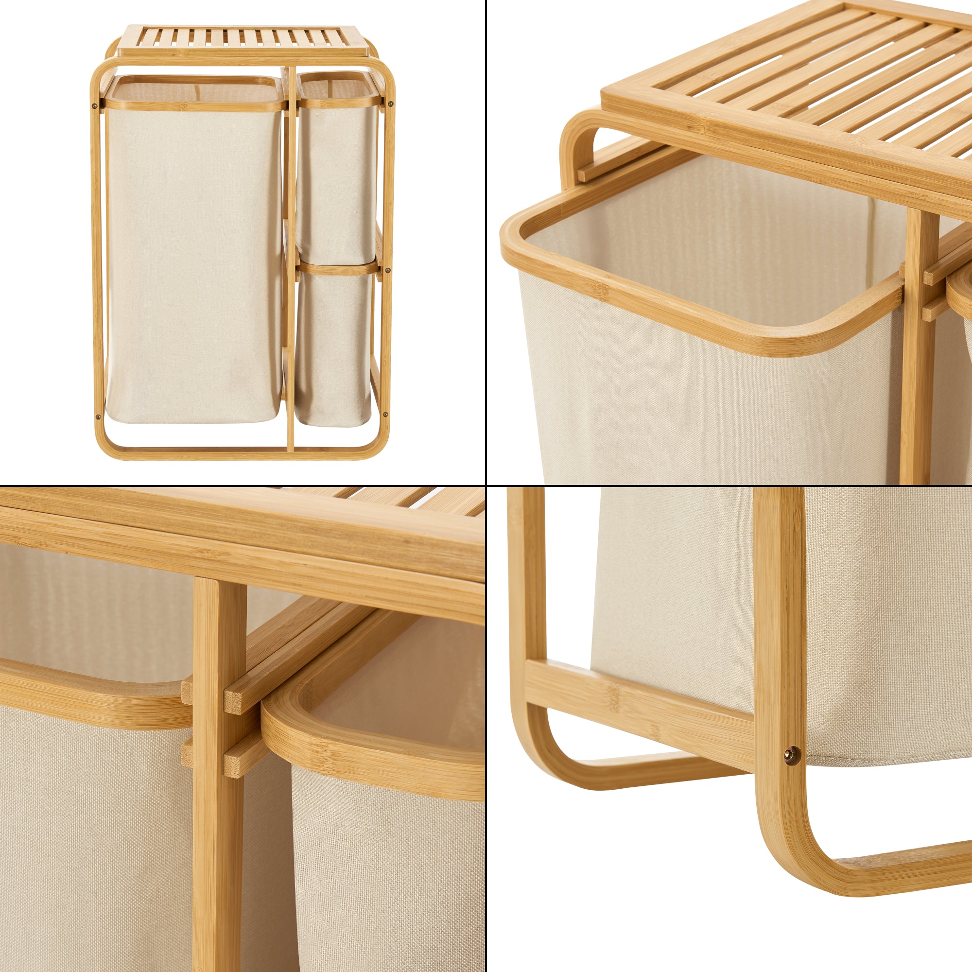 Mobile Portabiancheria Evenes in Bambù e 3 Sacchi Estraibili 70,5 x 49,5 x 33 cm Beige [en.casa]