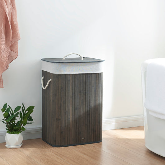 Cesto Portabiancheria Salla con Coperchio e Sacco Rimovibile 72 L Bambù - Blu scuro / Grigio [en.casa]