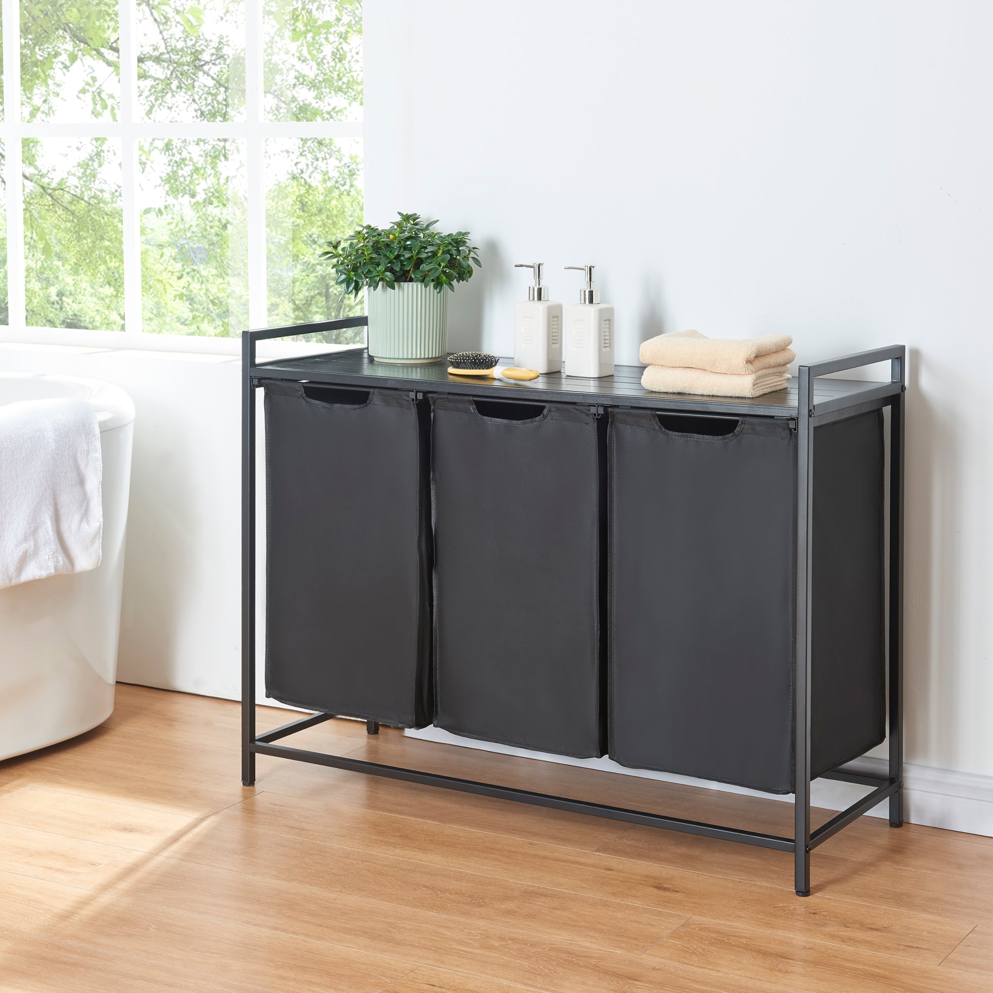 Mobile Portabiancheria Saltvik Sacchi Rimovibili Capienza 3x 45 L - Nero [en.casa]