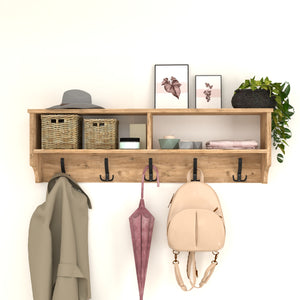 Appendiabiti a Parete 'Åstorp' con Ripiani - Mensola Attaccapanni con 5 Paia di Ganci e Scomparti - Effetto Rovere