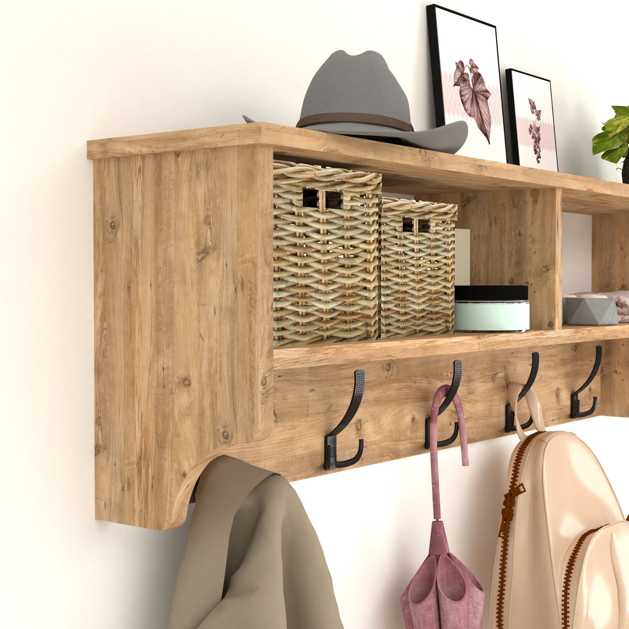 Appendiabiti a Parete 'Åstorp' con Ripiani - Mensola Attaccapanni con 5 Paia di Ganci e Scomparti - Effetto Rovere