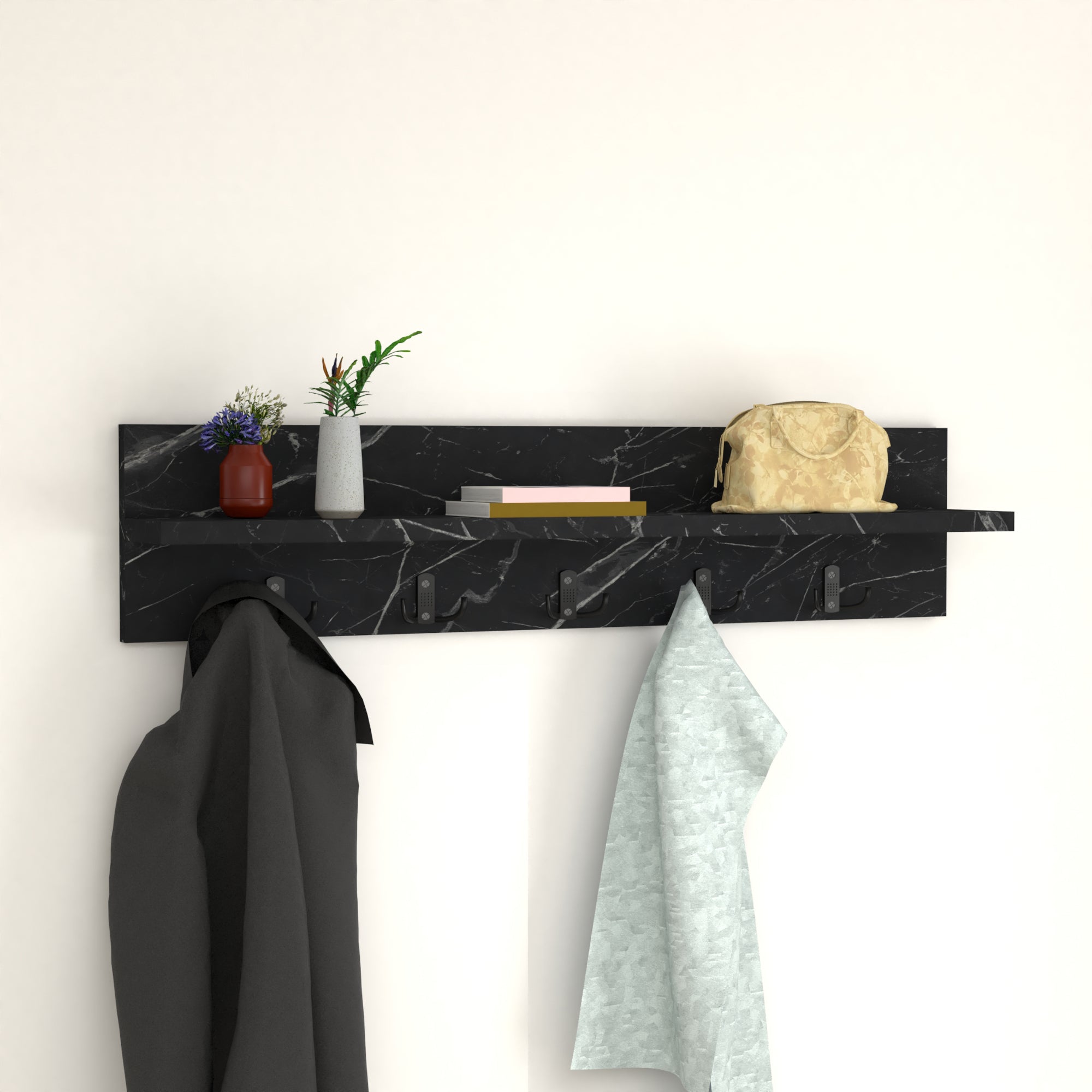Appendiabiti da Parete Hammarö con Piano di Appoggio 80x13x18 cm Effetto Marmo Nero [en.casa]